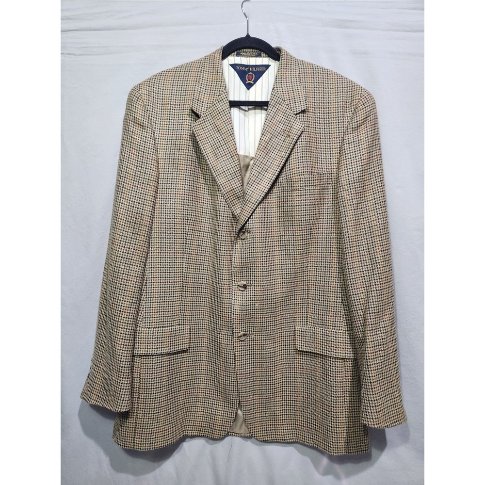Vtg Tommy Hilfiger Brown Wool Blazer Jacket 43L 3-Button USA 90s‎ Houndstooth